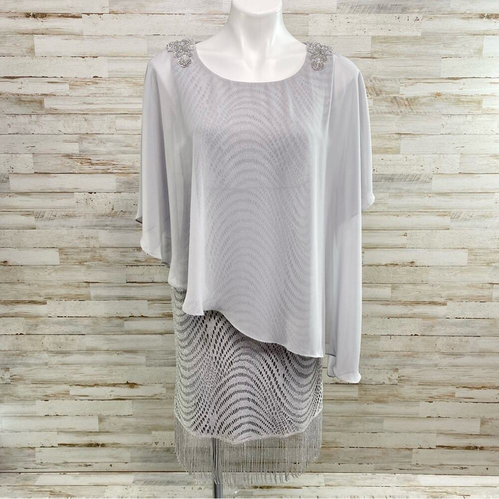 R&M Richards Crochet Metallic Chiffon Cape Overlay Dress Womens Size 6 Gray